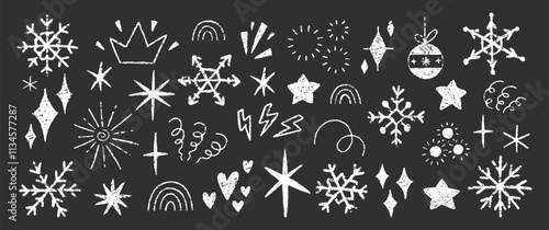Set of doodle elements for Christmas, birthday, or children party with crayon, chalk or pastel texture. Kids vector illustration on a black background.