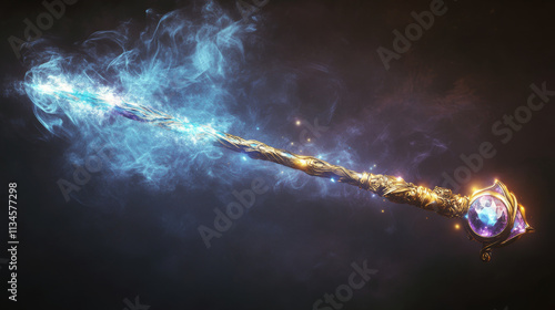 Fantasy scepter with magic glowing neon decorative gem stones and smoke. Cartoon vector illustration set of game wizard and magician fantastic weapon with powerful crystal. Sorcerer enchantment stuff.