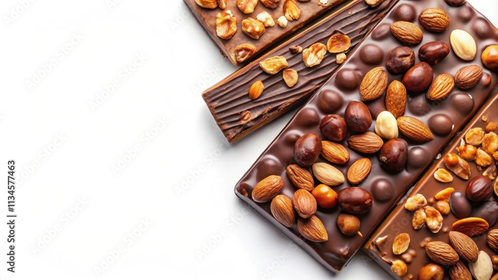 Delicious chocolate bars with nuts and almonds on a white background, chocolate, bars, nuts, almonds, dark chocolate, cocoa Delicious chocolate bars with nuts and almonds on a white background, chocolate, bars, nuts, almonds, dark chocolate, cocoa
