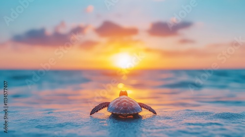 Fototapeta Naklejka Na Ścianę i Meble -  A turtle is laying on the beach at sunset