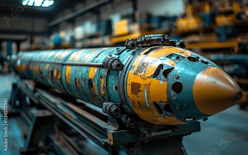 Close-up of a weathered missile warhead, showcasing its intricate details and faded paint. A relic of military technology. photo