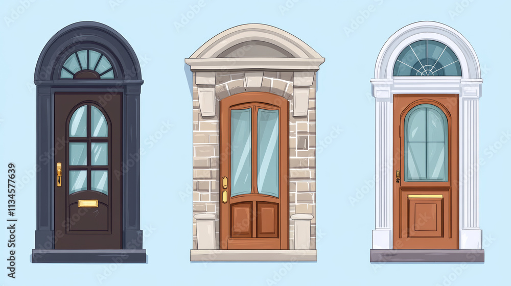 Cartoon doors in modern and classic style. Wooden and glass entries with stone doorjambs, brick wall and handles. Architecture objects, cottage, hotel exterior design elements, Vector illustration set Cartoon doors in modern and classic style. Wooden and glass entries with stone doorjambs, brick wall and handles. Architecture objects, cottage, hotel exterior design elements, Vector illustration set