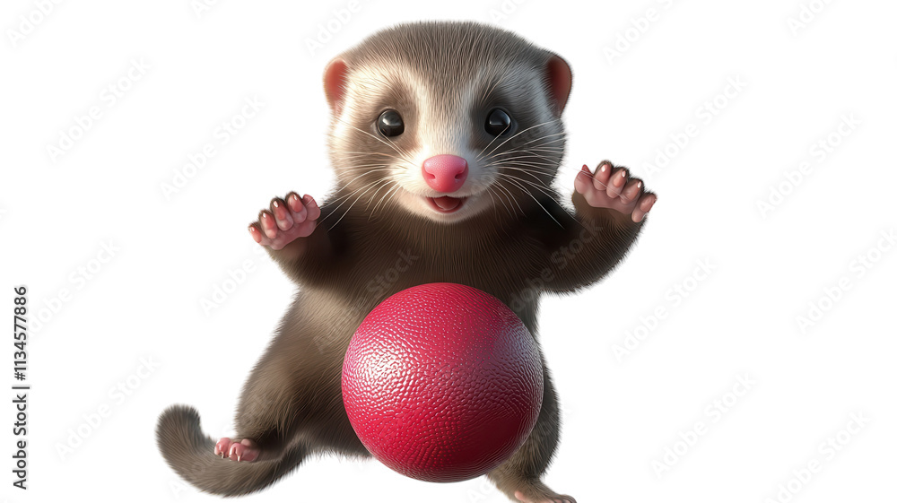 Cute ferret playing with a red ball in a cheerful pose with a transparent background. Cute ferret playing with a red ball in a cheerful pose with a transparent background.