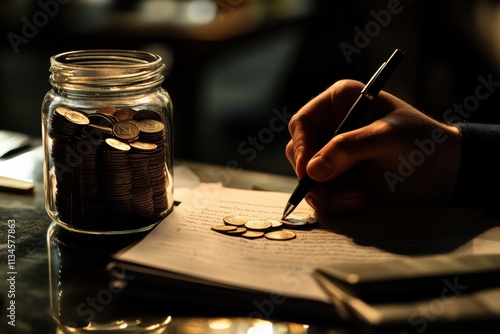 A focused individual sets specific goals and plans finances, symbolized by a jar of coins and an open notepad, embodying selfimprovement and mindful budgeting to achieve life aspirations photo