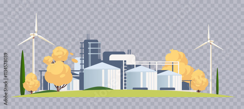 Waste-free environmentally friendly industrial factory with wind turbine on transparent background. Eco green technology vector element illustration