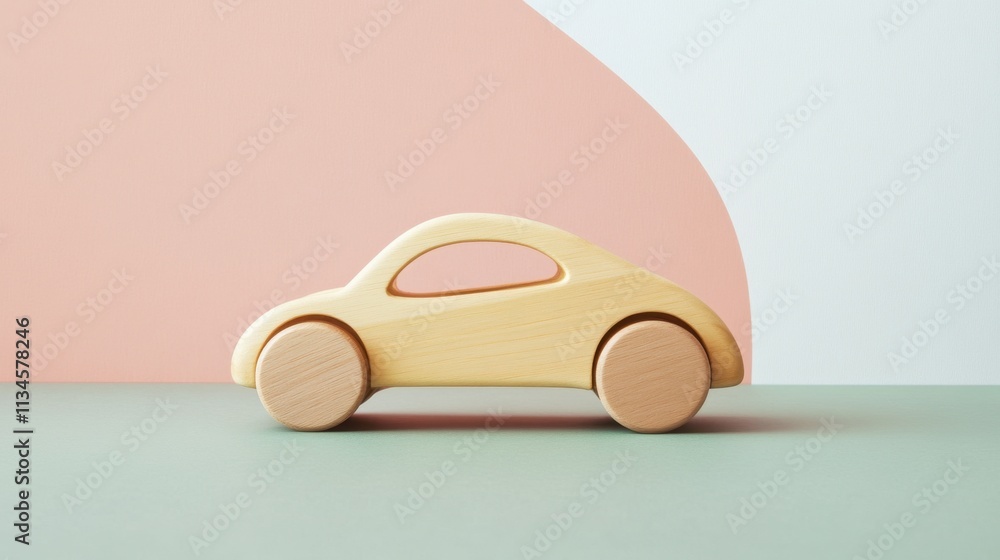 A classic wooden toy car with smooth curves, displayed against a pastel background for a nostalgic vibe A classic wooden toy car with smooth curves, displayed against a pastel background for a nostalgic vibe