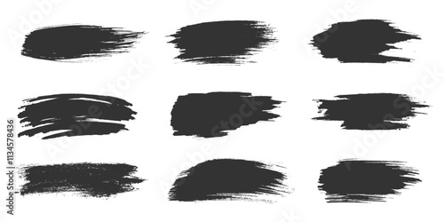 Black brush strokes set with rough edges uneven shapes. Bold smears, textured lines, messy marks, abstract smudges. Features dynamic forms with irregular patterns, sharp edges, textured surfaces