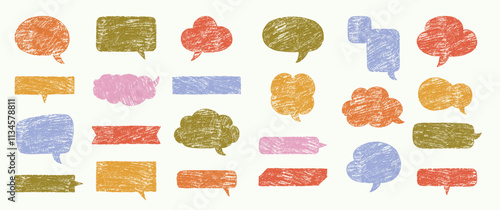 Set of text boxes and speech bubbles with crayon or chalk texture. Multicolor Japan handwritten illustration.