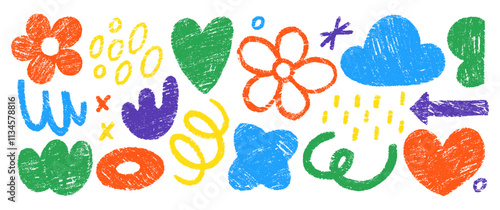 Hand drawn crayon doodles, squiggles, cloud, heart and flower. Abstract funky shapes and arrow with chalk texture. Multicolor Childish vector illustration.