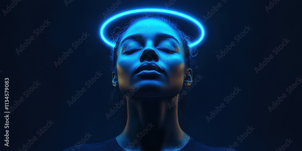 Obraz premium A woman with closed eyes is illuminated by a vibrant blue halo, set against a dark background. The contrast highlights her serene expression, creating a captivating atmosphere.