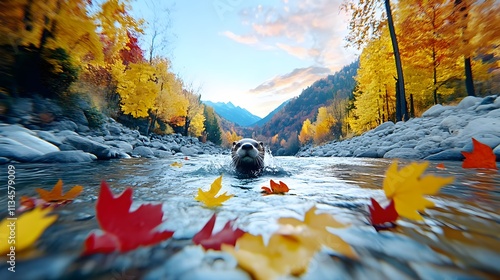 Majestic Brown Bear Swimming Through a Vibrant Autumn River Surrounded by Colorful Leaves and Stunning Mountain Landscape in a Picturesque Setting