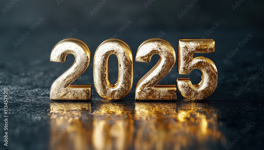 Golden Numerals Two Thousand Twenty Five Reflecting Golden Numerals Two Thousand Twenty Five Reflecting