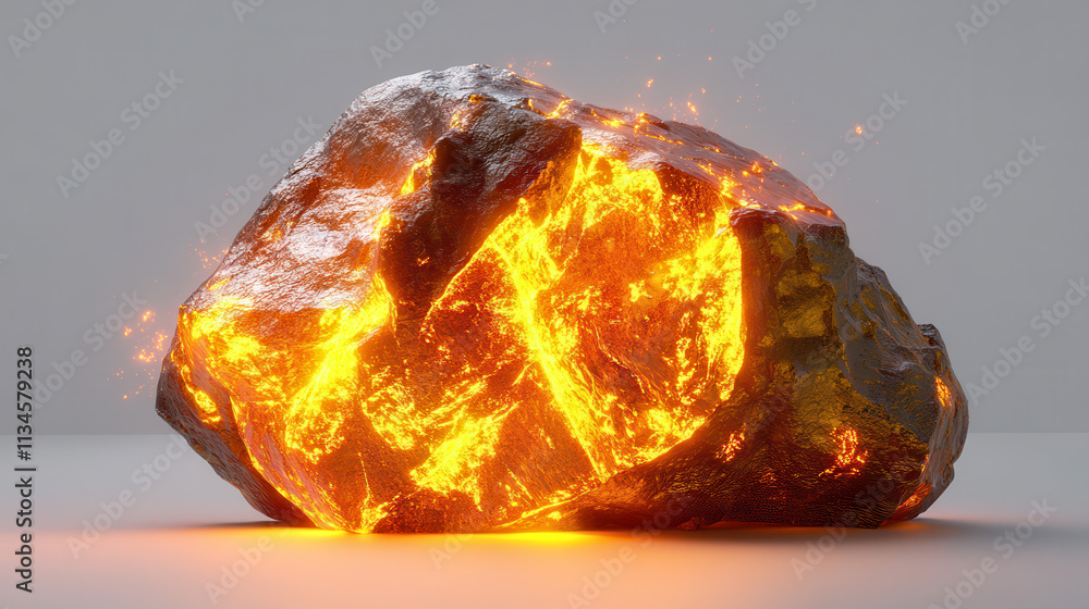 A fiery, golden-orange meteorite, glowing with radiant amber cracks and molten core details A fiery, golden-orange meteorite, glowing with radiant amber cracks and molten core details