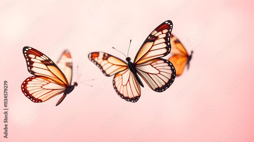Obraz premium Springtime greeting card featuring silhouetted purply butterflies on a light pink background. 