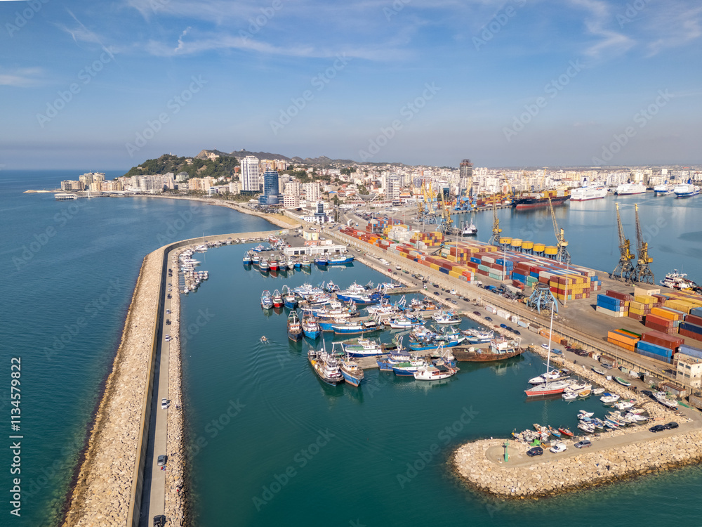 Fototapeta premium Aerial drone photo of the fishing port in the harbour of Durres, Albania.