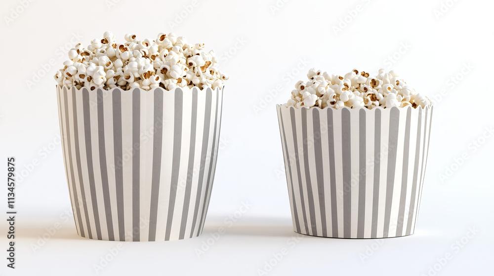 3D set of full popcorn bucket top and side view. Realistic vector illustration of striped paper cup with popped corn portion isolated on background. Salty or sweet cinema snack mockup. Movie food 3D set of full popcorn bucket top and side view. Realistic vector illustration of striped paper cup with popped corn portion isolated on background. Salty or sweet cinema snack mockup. Movie food