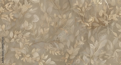 Wallpaper Mural Beige floral patterns with transparent leaf textures, creating a refined, natural wallpaper effect. Created with generative AI technology Torontodigital.ca