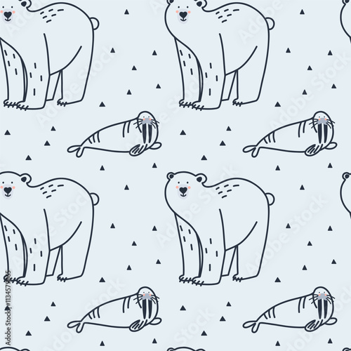 Arctic animals seamless pattern. Doodle Polar birds and mammals. Northern cute inhabitants. Textile, wrapping paper, wallpaper design. Print for fabric Cartoon flat isolated north fauna background