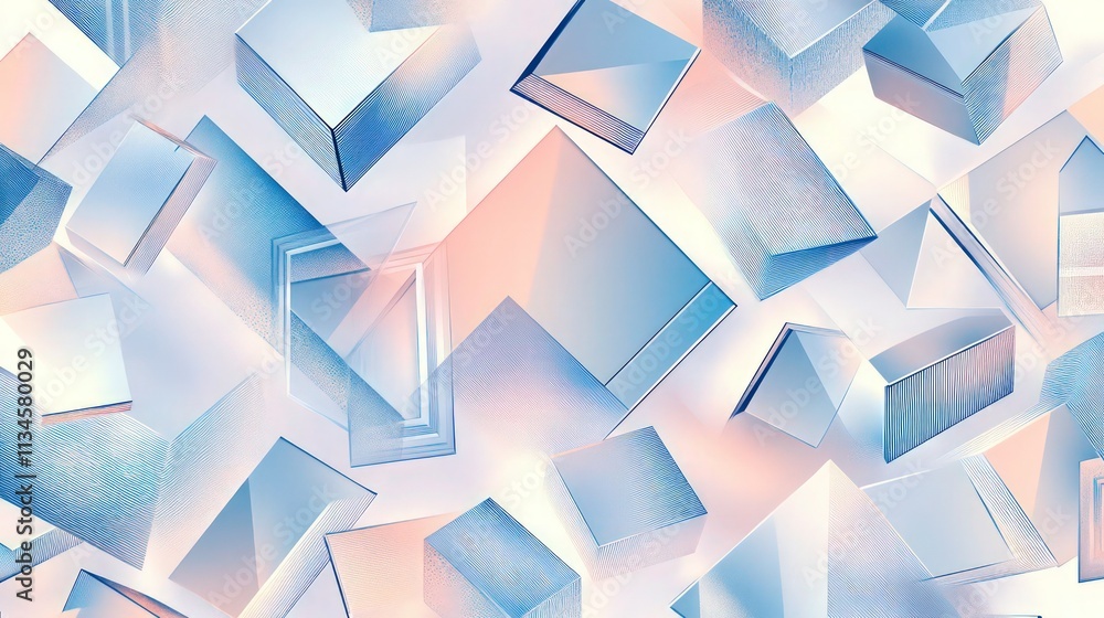 Fototapeta premium A seamless pattern with digital geometric shapes, their surfaces adorned in pastel hues of blue and peach, an abstract mosaic that celebrates the beauty of technology and design. 