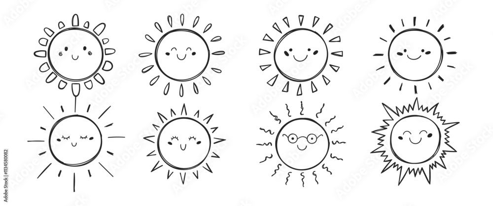 Set of hand drawn cute sun with crayon or pencil texture. Kids doodle illustration on a white background. Set of hand drawn cute sun with crayon or pencil texture. Kids doodle illustration on a white background.