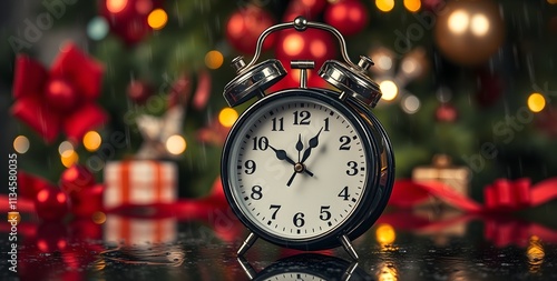  A vintage alarm clock on a Christmas festive background, bright vibrant colors, 