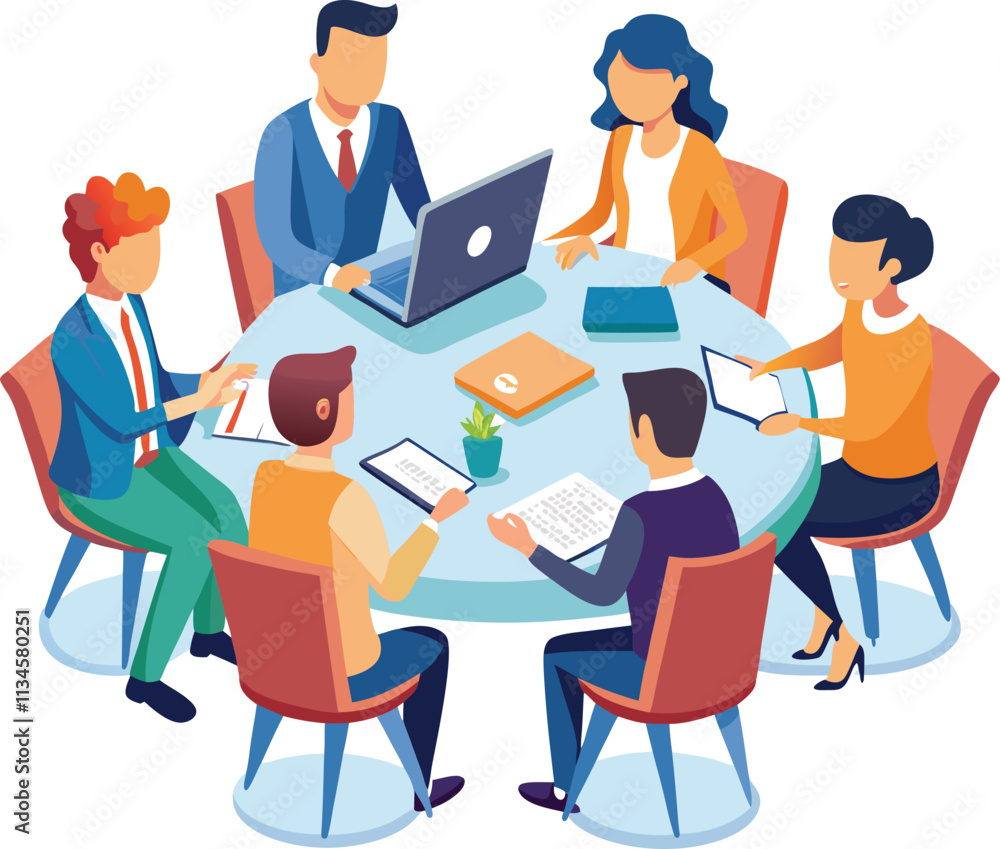 Partners meeting for business discussion with documents and laptop on desk. Couple at round table, speaking, discussing work, partnership. Flat vector on a white background Partners meeting for business discussion with documents and laptop on desk. Couple at round table, speaking, discussing work, partnership. Flat vector on a white background