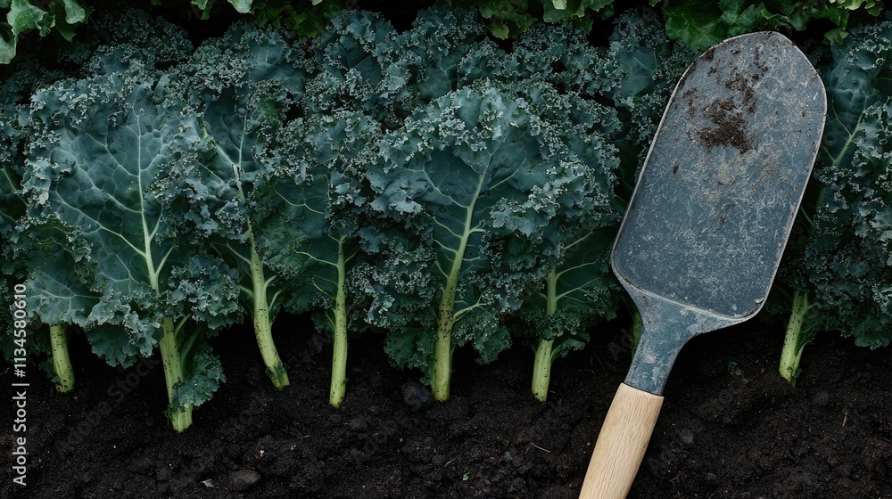Fresh Kale Leaves with Gardening Spade on Dark Soil Background Fresh Kale Leaves with Gardening Spade on Dark Soil Background