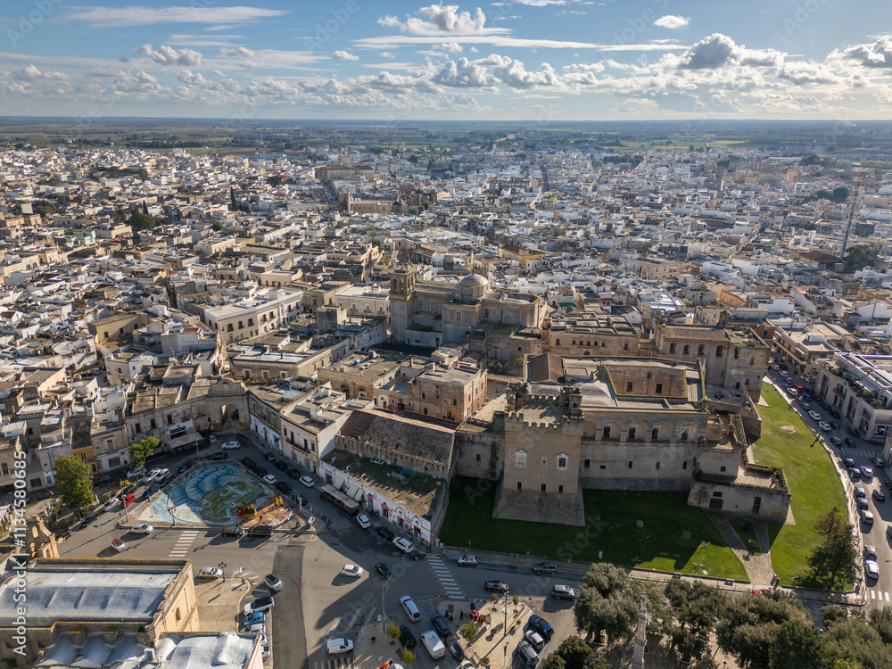 Obraz premium Aerial drone view of the southern Italian town of Mesagne in Puglia.