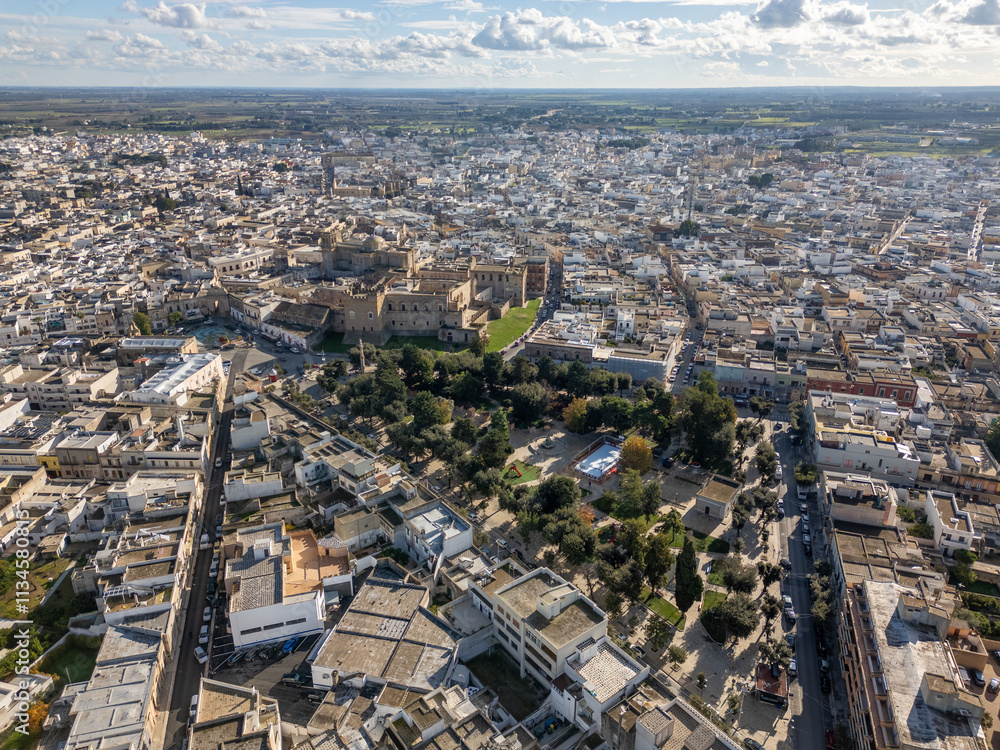 Obraz premium Aerial drone view of the southern Italian town of Mesagne in Puglia.