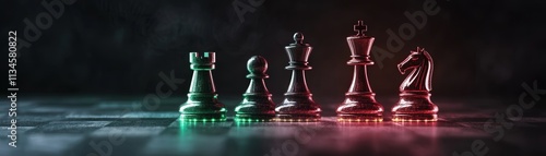 A dramatic image of illuminated chess pieces arranged on a chessboard, showcasing strategic elements in a moody setting. photo