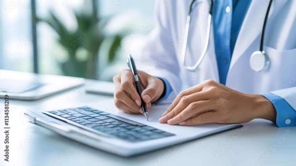 A doctor is writing on a piece of paper with a pen A doctor is writing on a piece of paper with a pen