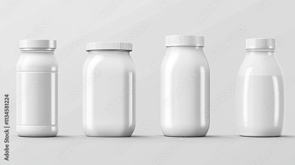 Yogurt cups and bottle set isolated on transparent background. Vector realistic illustration of plastic package mockup for dairy products, round jars with foil cover and blank space for branding Yogurt cups and bottle set isolated on transparent background. Vector realistic illustration of plastic package mockup for dairy products, round jars with foil cover and blank space for branding
