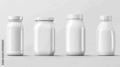 Yogurt cups and bottle set isolated on transparent background. Vector realistic illustration of plastic package mockup for dairy products, round jars with foil cover and blank space for branding