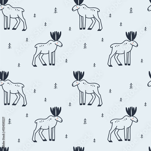 Arctic animals seamless pattern. Doodle elk. Northern cute inhabitants. Textile, wrapping paper, wallpaper design. Print for fabric Cartoon flat isolated north fauna background