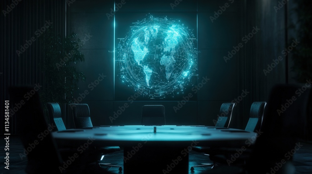 A futuristic conference room featuring a glowing digital globe display, highlighting global connectivity and technology themes. A futuristic conference room featuring a glowing digital globe display, highlighting global connectivity and technology themes.