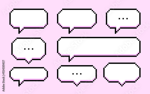 Set of pixel art speech bubbles. Various messages and dialog boxes on a pink background. Vector illustration