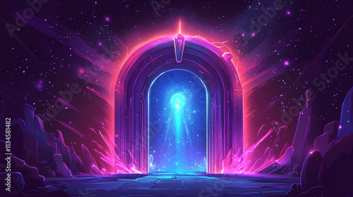 Stone arch fantasy door portal with magic neon glow. Game ui design of teleport gate. Cartoon vector illustration set of space travel and adventure entrance doorway with wizard energy glare. photo