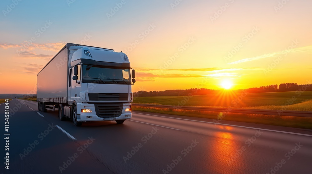 Obraz premium A large white semi truck is driving down a road at sunset