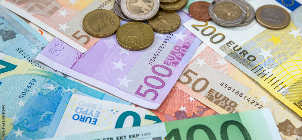 100 200 500 denominations of euro with coin for investment or saving 100 200 500 denominations of euro with coin for investment or saving