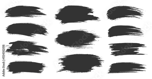 Black brush strokes set with uneven edges and rough textures. Bold smears, dynamic marks, textured smudges, irregular shapes. Features abstract lines with messy details, raw patterns, sharp edges