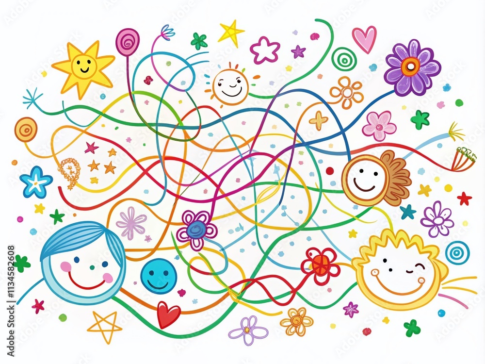 Abstract Colorful Lines and Doodles Representing Playful Kids’ Imagination on a White Background, Ideal for Creative Design Projects and Educational Materials Abstract Colorful Lines and Doodles Representing Playful Kids’ Imagination on a White Background, Ideal for Creative Design Projects and Educational Materials
