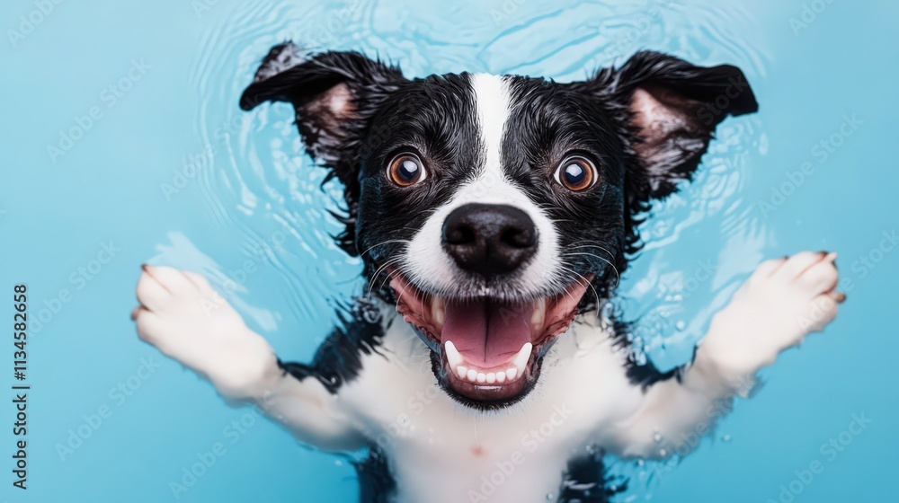A black and white dog is swimming in a pool with its mouth open A black and white dog is swimming in a pool with its mouth open