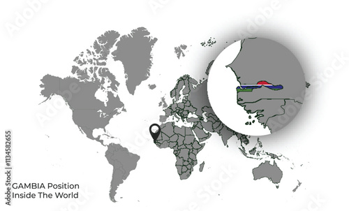 GAMBIA Position Inside the World with Flag in Map photo