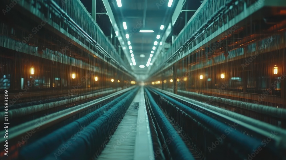 Industrial Textile Factory Interior View with Machinery and Lights Industrial Textile Factory Interior View with Machinery and Lights