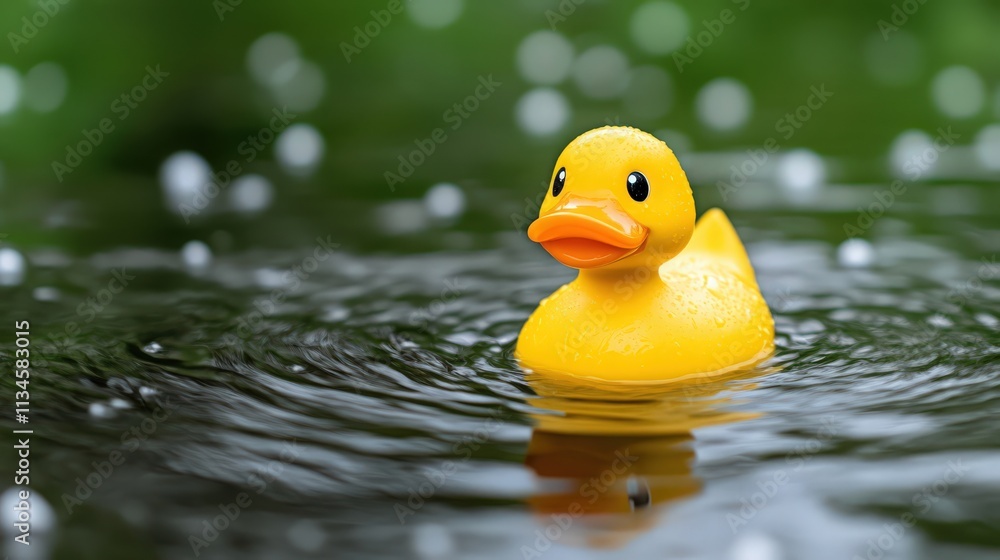 A yellow rubber duck is floating in a body of water A yellow rubber duck is floating in a body of water