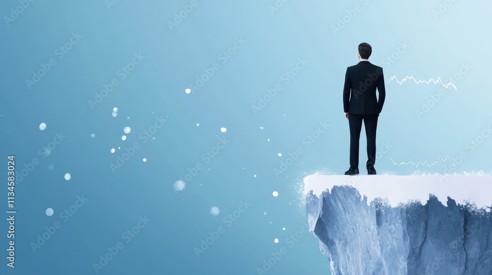 A solitary figure in a suit stands on the edge of a cliff, gazing into a serene blue sky, symbolizing ambition and the unknown. A solitary figure in a suit stands on the edge of a cliff, gazing into a serene blue sky, symbolizing ambition and the unknown.
