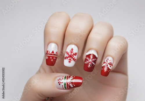 Stunning Festive Nail Art Design: Red and White Snowflake Christmas Manicure photo