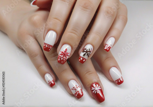 Elegant Red and White Christmas Nail Art Design Featuring Intricate Snowflake Details photo