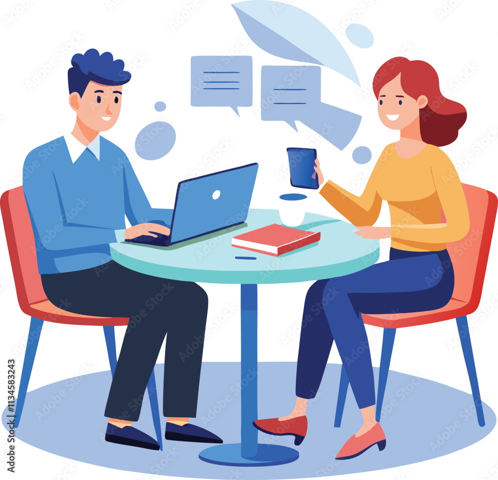 Partners meeting for business discussion with documents and laptop on desk. Couple at round table, speaking, discussing work, partnership. Flat vector on a white background Partners meeting for business discussion with documents and laptop on desk. Couple at round table, speaking, discussing work, partnership. Flat vector on a white background