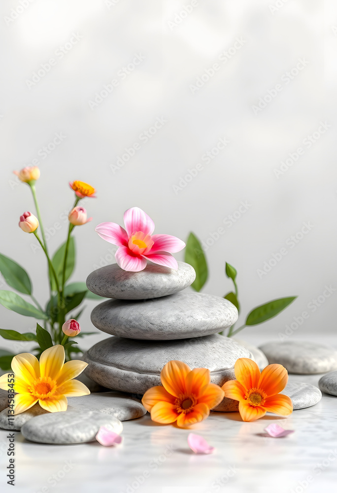 Stone slabs and garden flowers decoration for beauty product presenation, 3d rendering cosmetic mockup, minimal scene object placement background, detailed, with white tones Stone slabs and garden flowers decoration for beauty product presenation, 3d rendering cosmetic mockup, minimal scene object placement background, detailed, with white tones